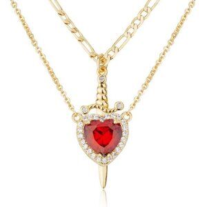 Gold & Red Heart Dagger Necklace Set Sword Pendant Layered Chain Jewelry Gift